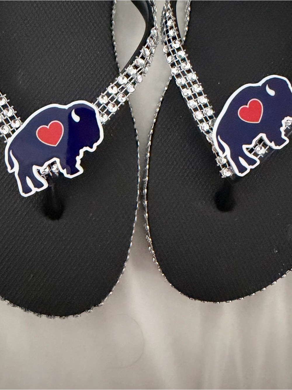 Women’s Black Rhinestone Thong Sandals with Navy buffalo Accent